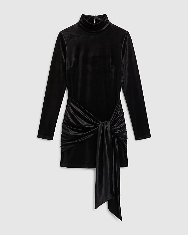 Black Velvet Tie Detail Mini Dress