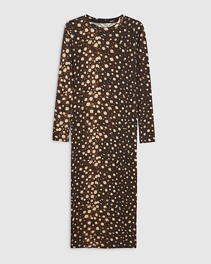 Brown Rib Deer Print Midi Dress
