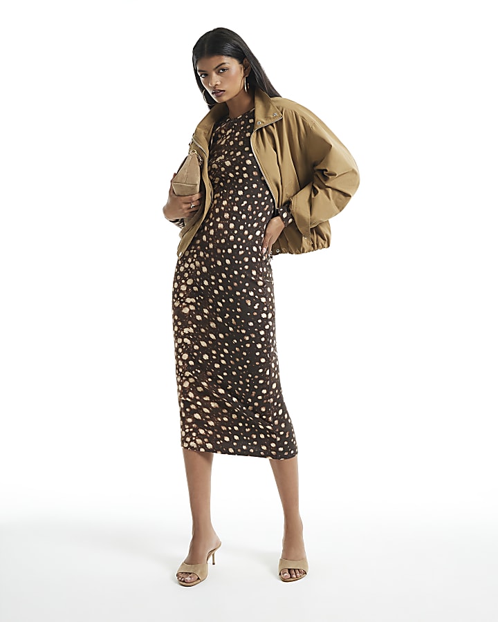 Brown Rib Deer Print Midi Dress