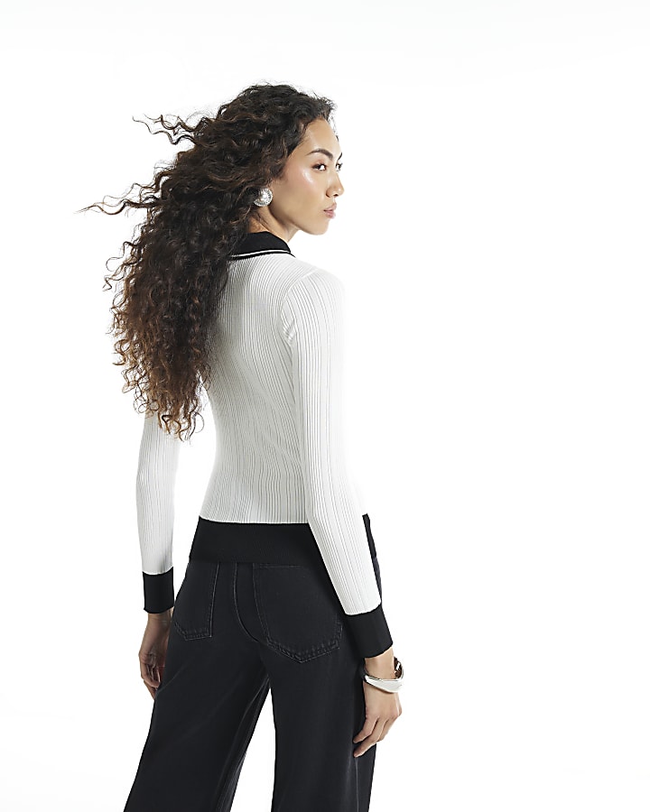 Cream Diamante Blocked Polo Top