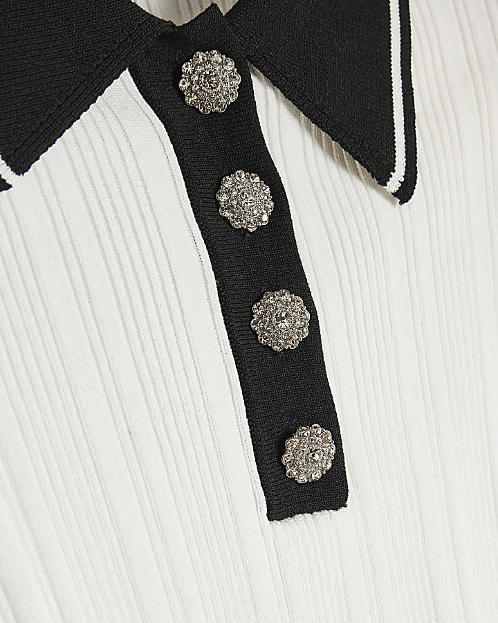 Cream Diamante Blocked Polo Top