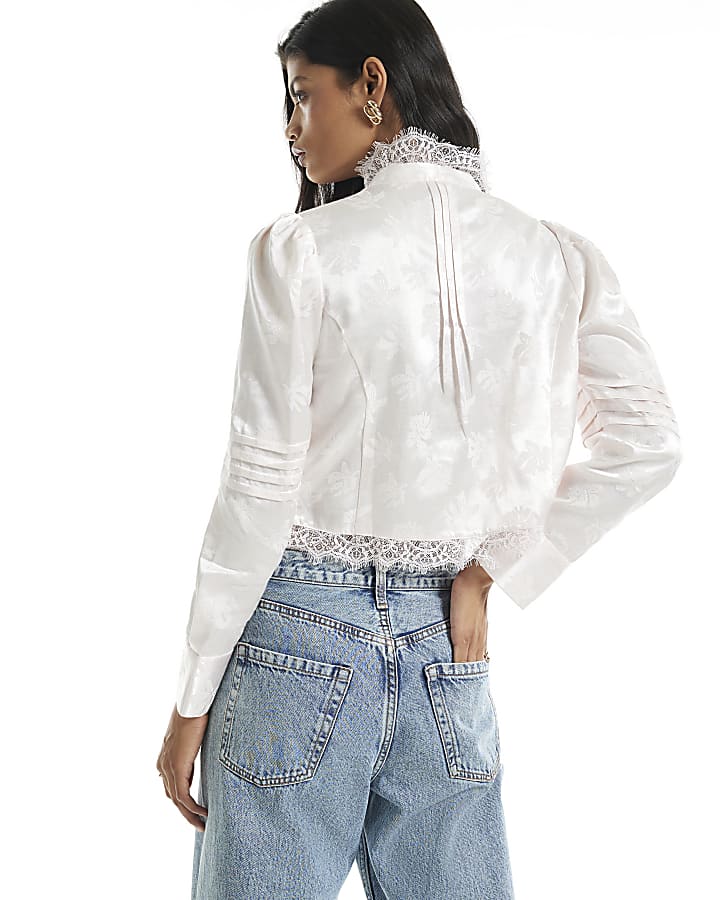 Pink Satin Jacquard Lace Trim Satin Top
