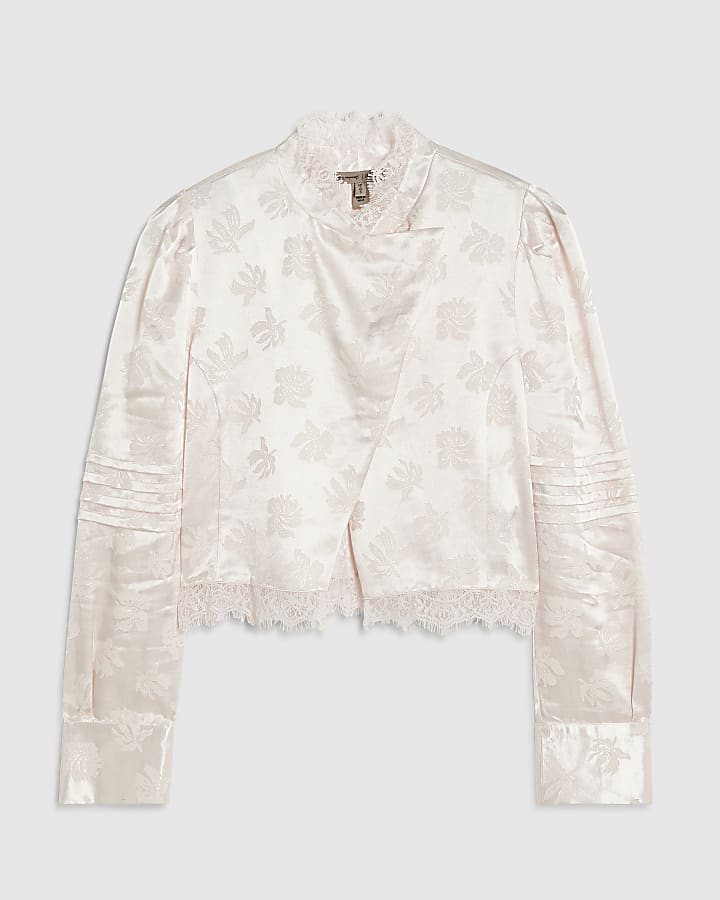 Pink Satin Jacquard Lace Trim Satin Top