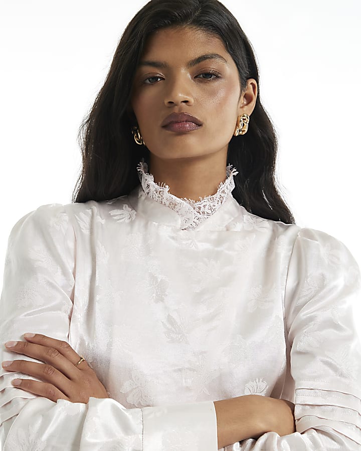 Pink Satin Jacquard Lace Trim Satin Top