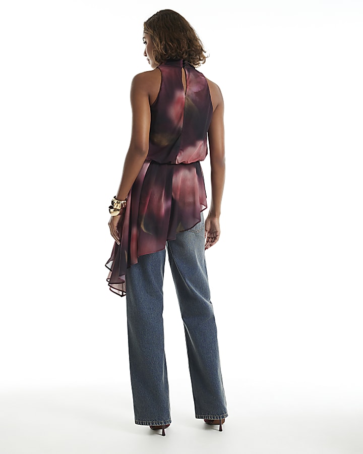 Burgundy Chiffon Asymmetric Hem Top