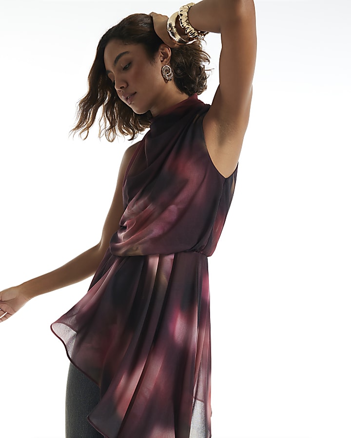 Burgundy Chiffon Asymmetric Hem Top