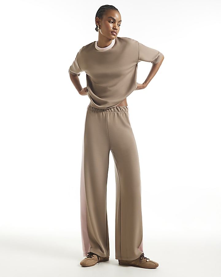 Beige Premium Tipped Wide Leg Joggers