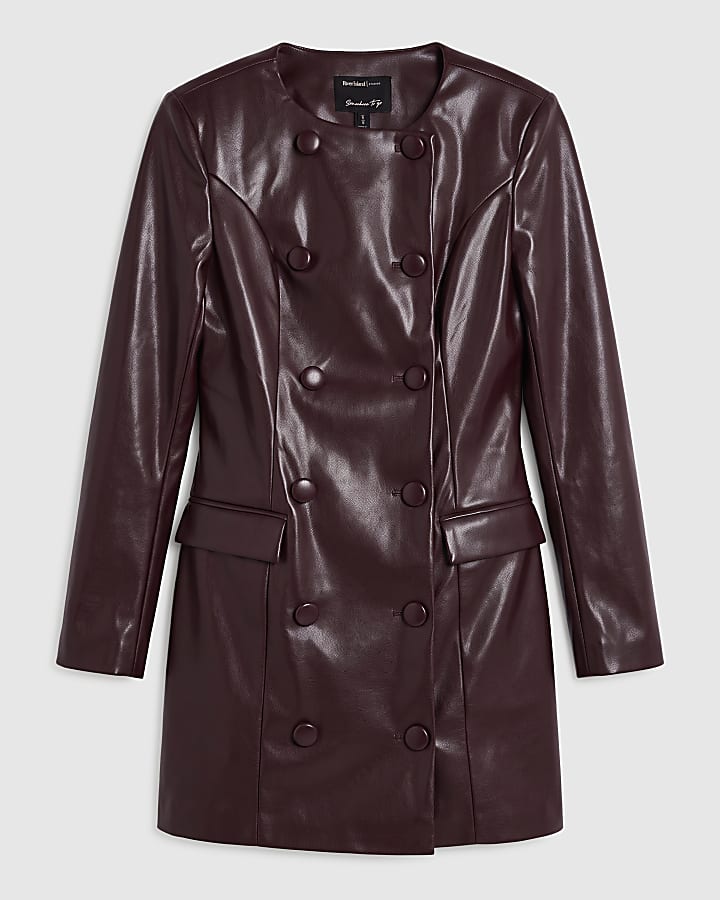 Burgundy Faux Leather Blazer Dress