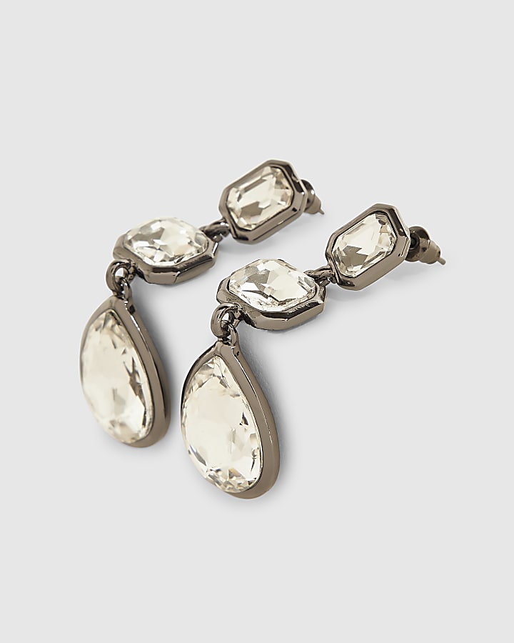 Silver Gunmetal Crystal Drop Earrings