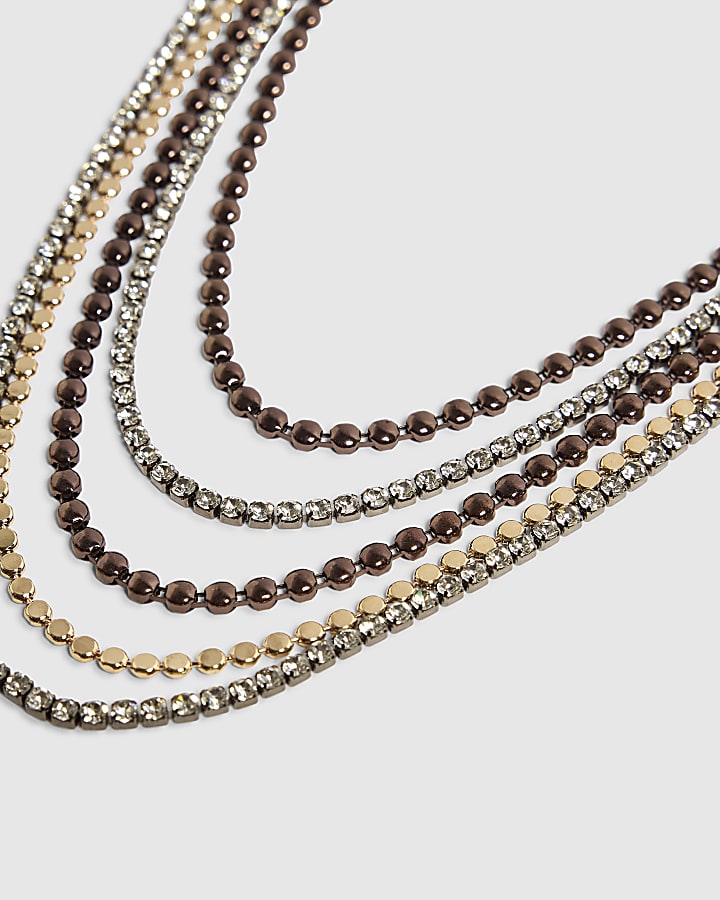 Brown Metal Multi Mixed Chain Necklace