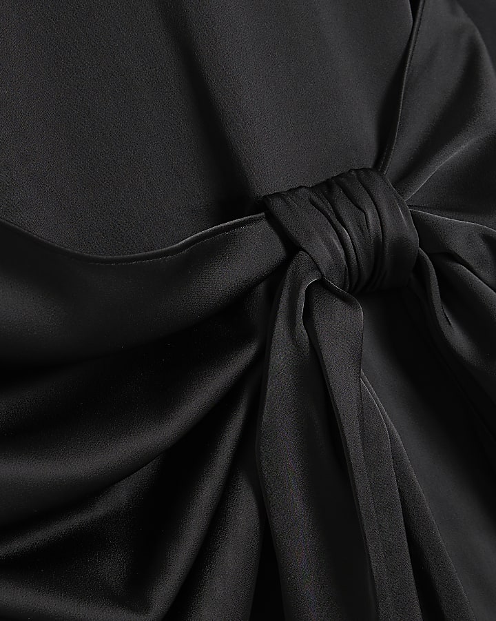 Petite Black Satin Bow Long Sleeve Mini Dress