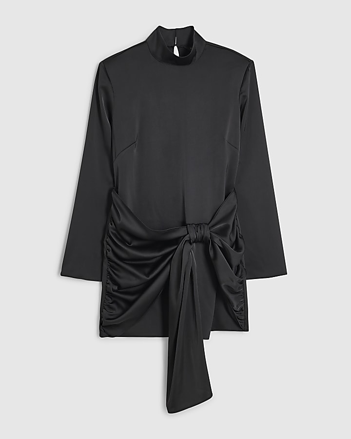 Petite Black Satin Bow Long Sleeve Mini Dress
