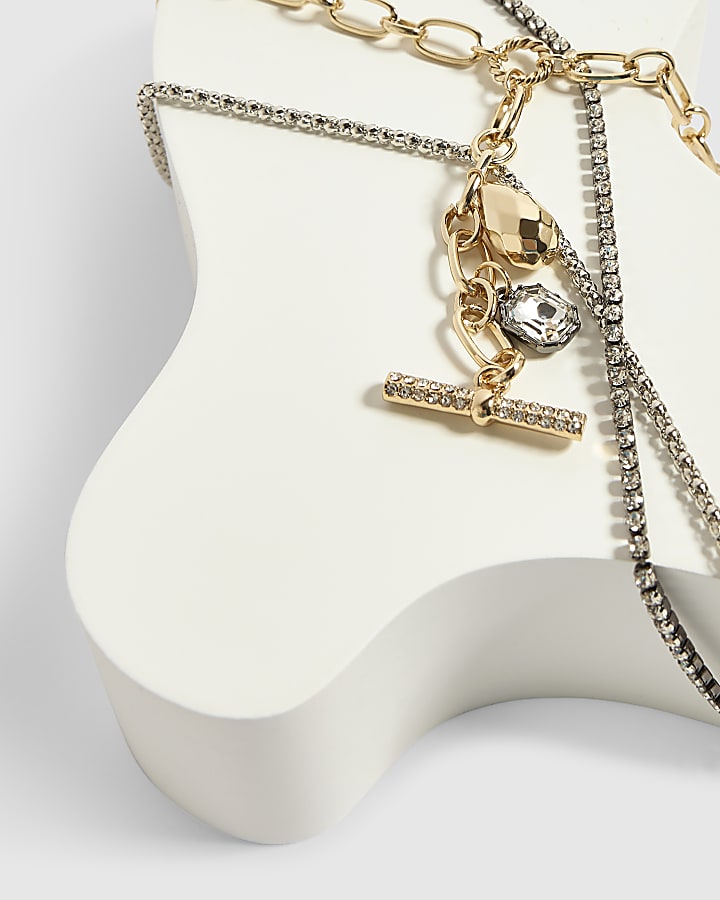 Gold Metal Mixed Multi Charm T-Bar Necklace
