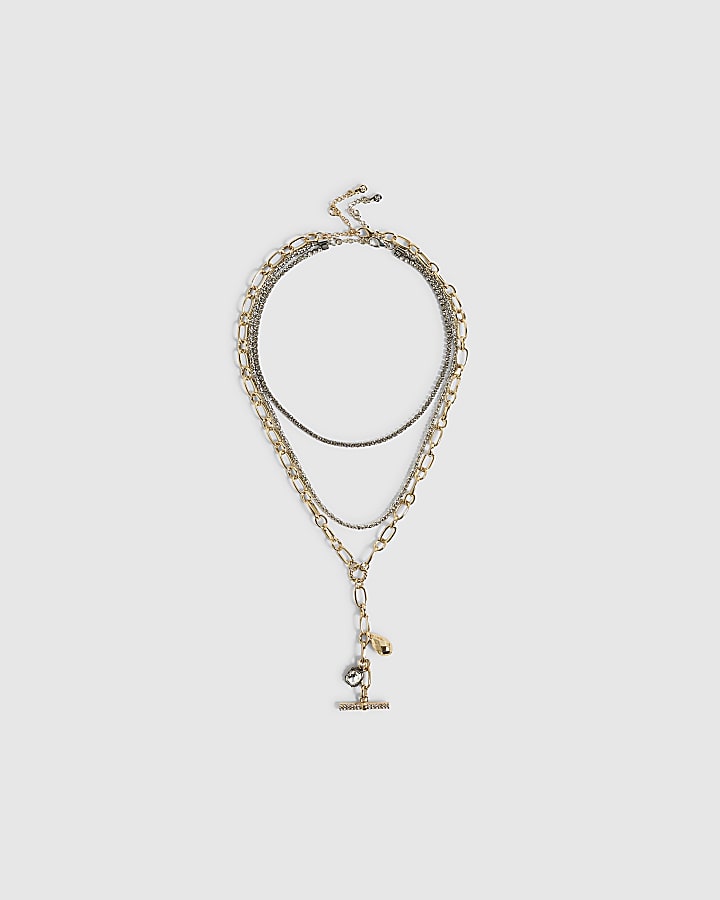 Gold Metal Mixed Multi Charm T-Bar Necklace