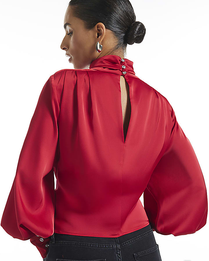 Petite Red Satin Funnel Neck Long Sleeve Top