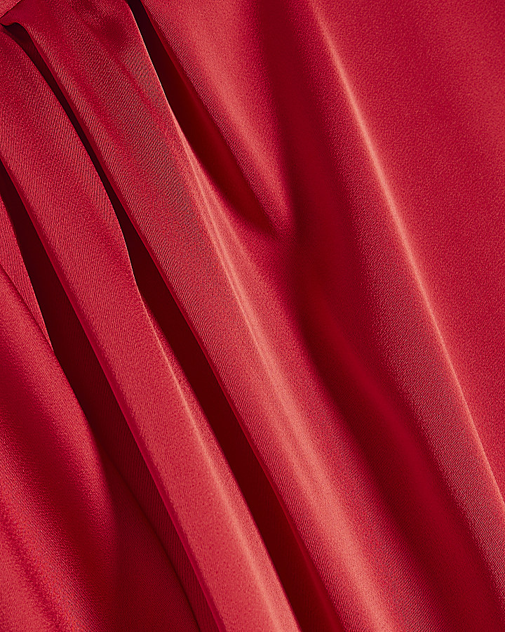 Petite Red Satin Funnel Neck Long Sleeve Top