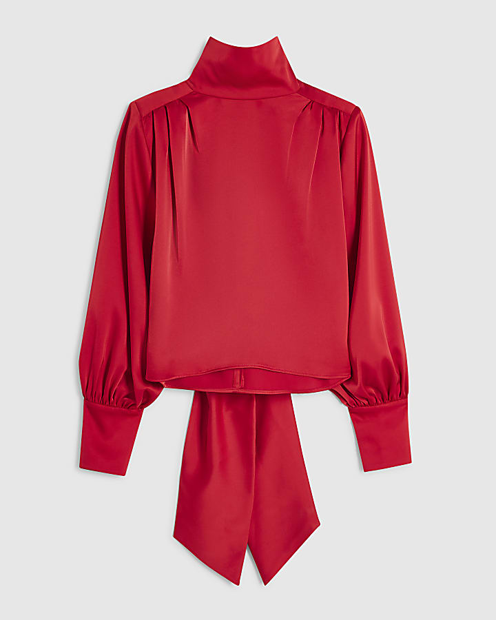 Petite Red Satin Funnel Neck Long Sleeve Top