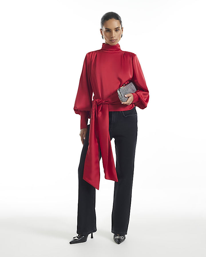 Petite Red Satin Funnel Neck Long Sleeve Top