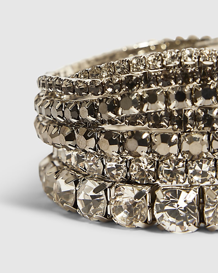 Silver Diamante Cupchain Stretch Bracelet Set