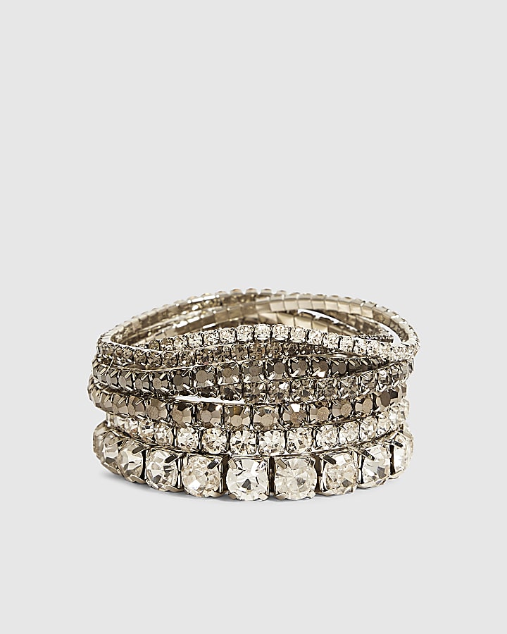 Silver Diamante Cupchain Stretch Bracelet Set