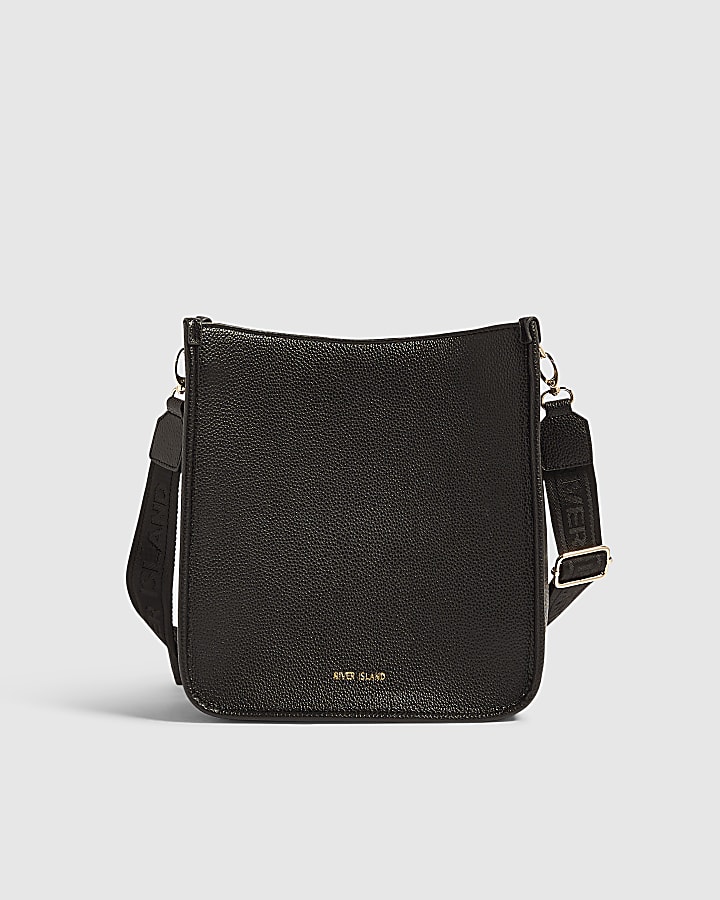 Black Faux Leather Embossed Messenger Bag