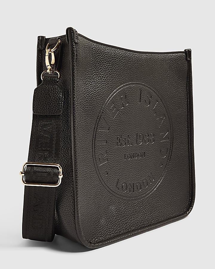 Black Faux Leather Embossed Messenger Bag