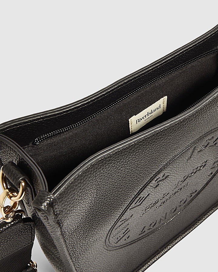 Black Faux Leather Embossed Messenger Bag