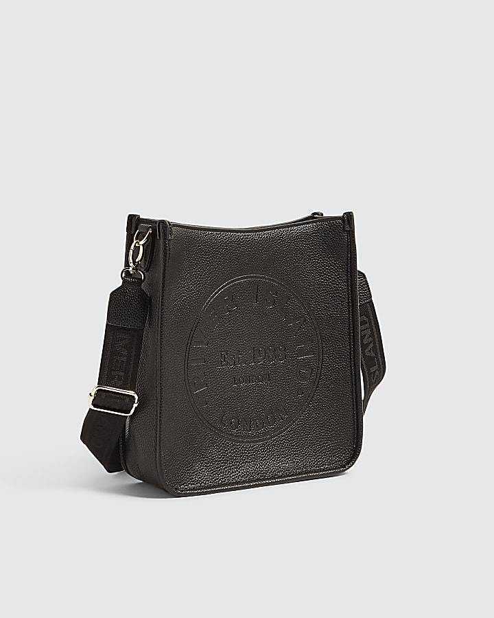Black Faux Leather Embossed Messenger Bag