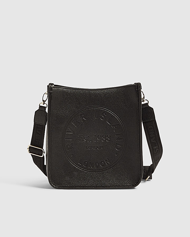 Black Faux Leather Embossed Messenger Bag