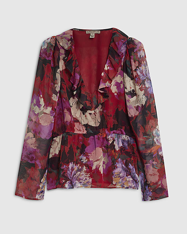 Purple Floral Printed Ruffle Blouse