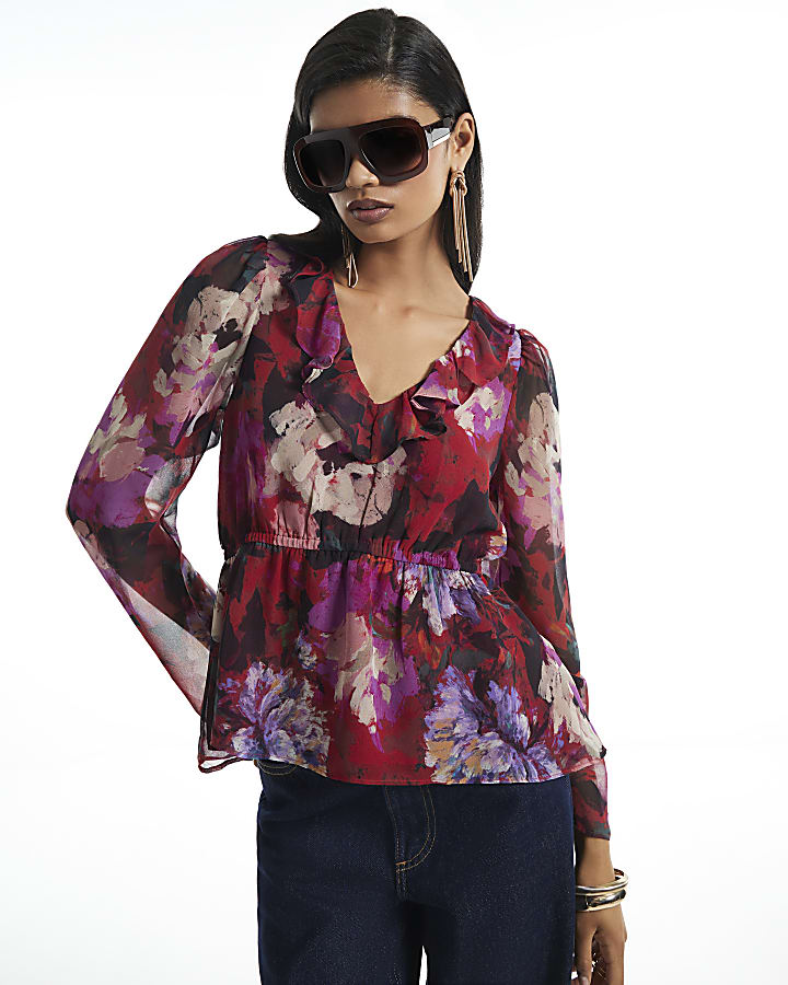 Purple Floral Printed Ruffle Blouse