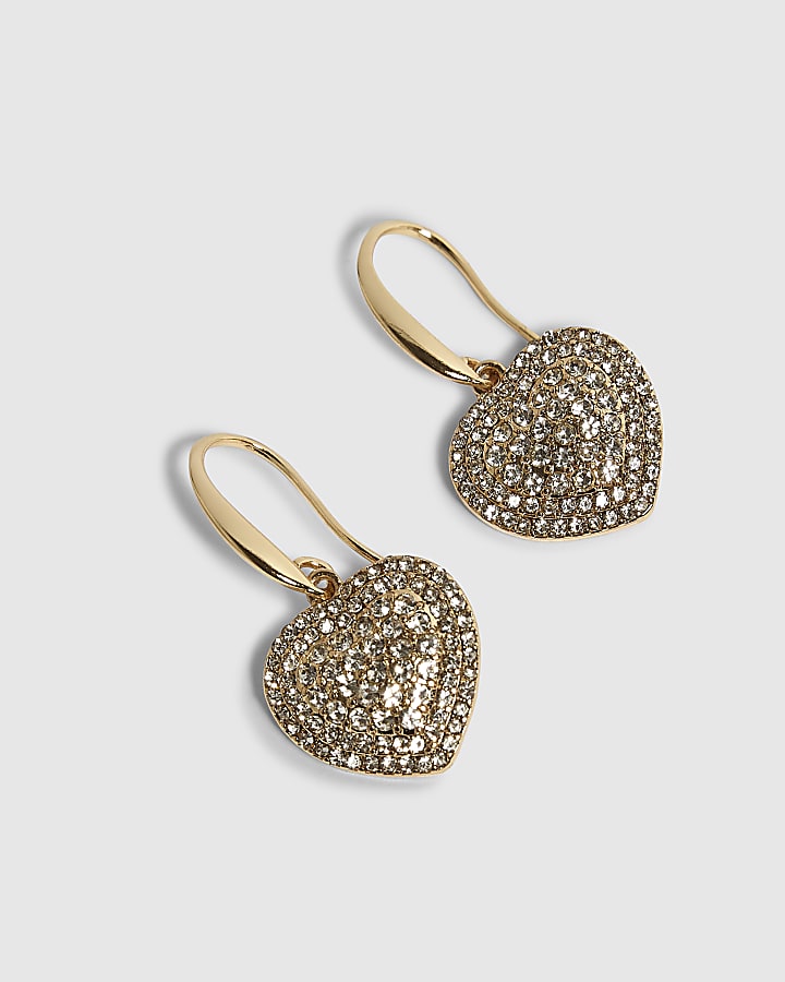 Gold Pave Heart Fish Hook Earrings