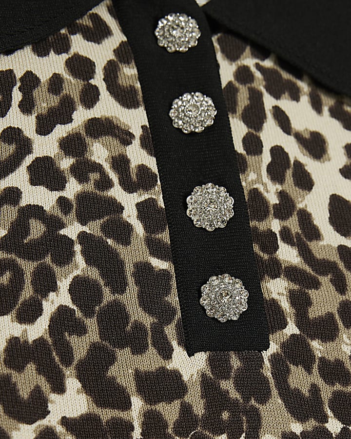 Beige Leopard Diamante Knit Polo Top