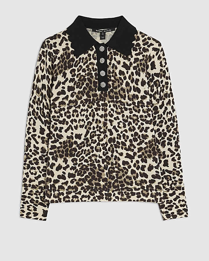 Beige Leopard Diamante Knit Polo Top