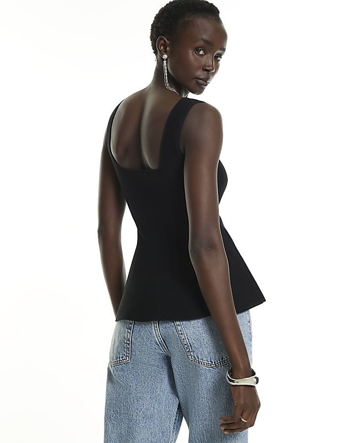 Black Square Neck Diamond Knitted Top