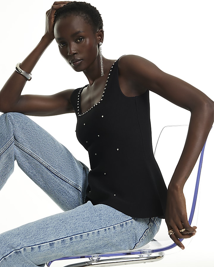 Black Square Neck Diamond Knitted Top