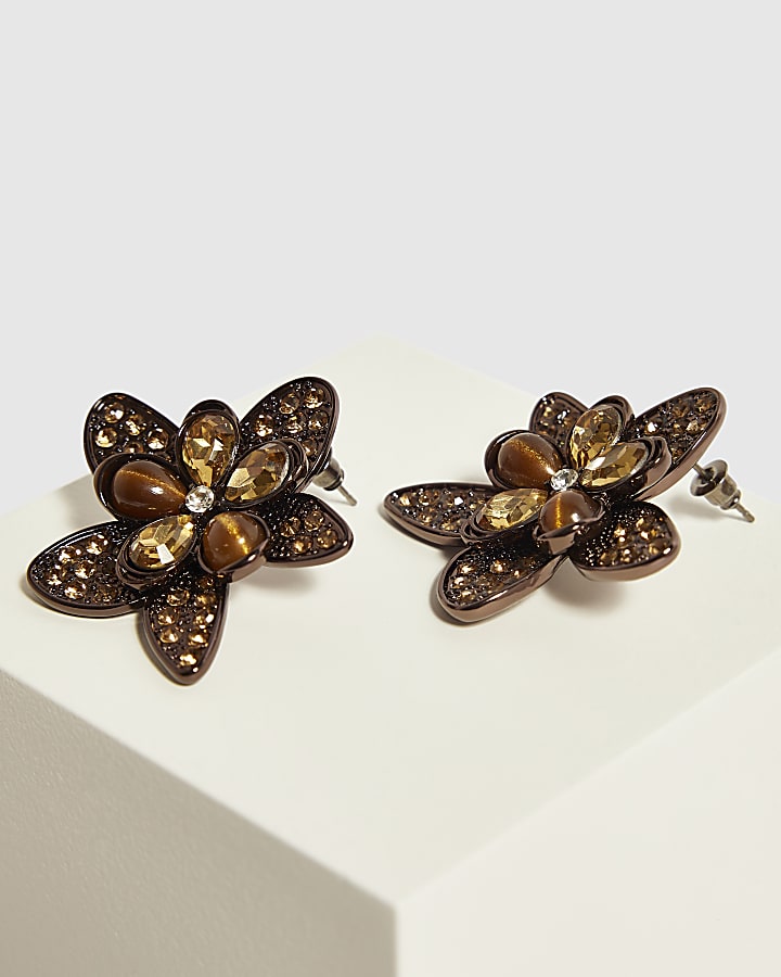 Brown Crystal Flower Earrings
