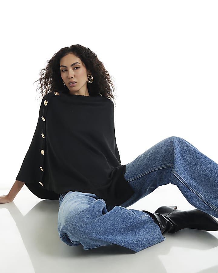 Black Asymmetric Knitted Cape