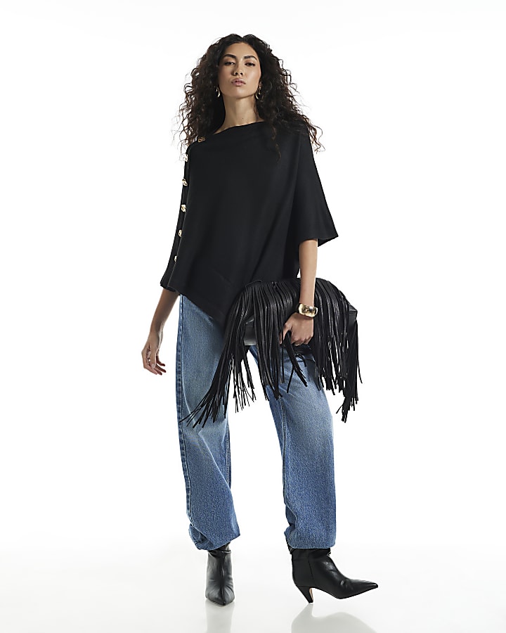 Black Asymmetric Knitted Cape