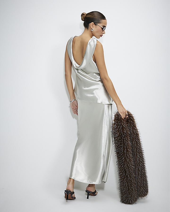 Silver Premium Metallic Satin Maxi Skirt