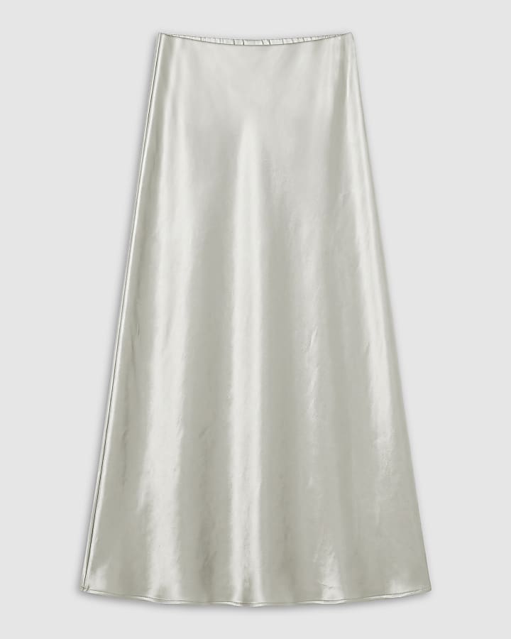 Silver Premium Metallic Satin Maxi Skirt
