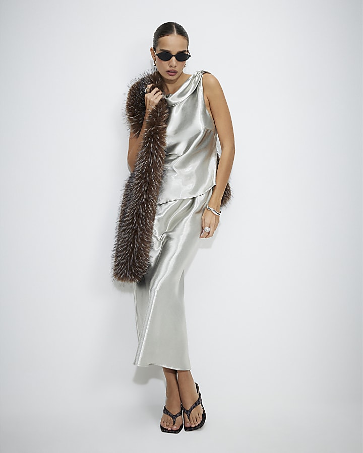 Silver Premium Metallic Satin Maxi Skirt