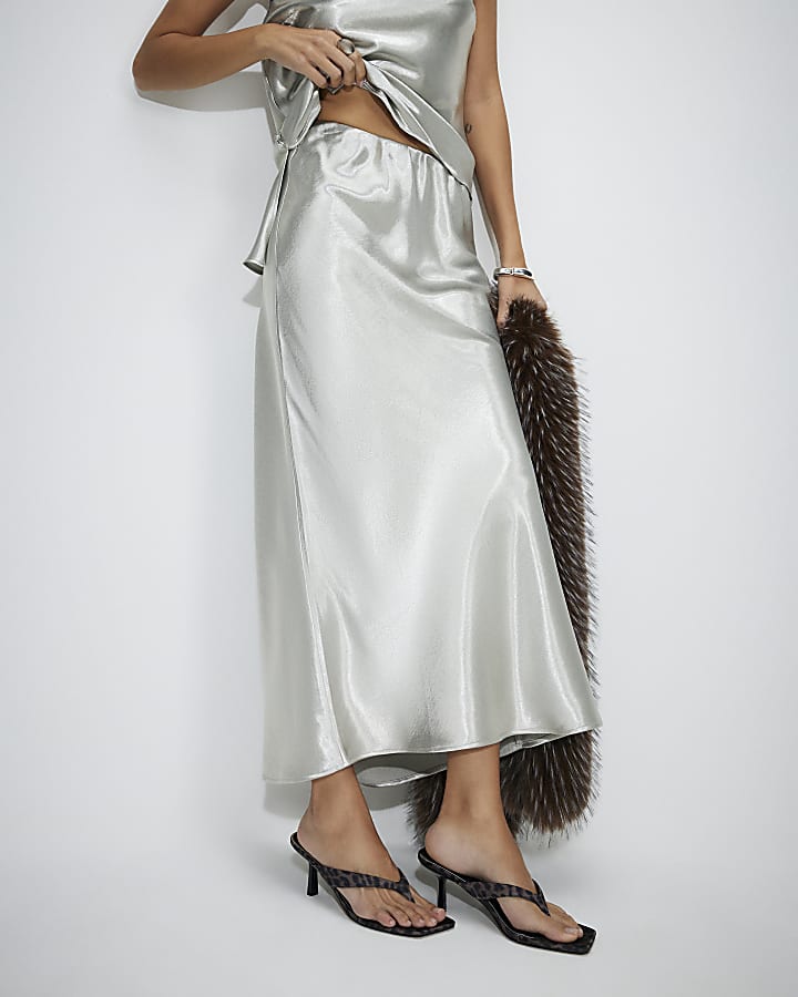 Silver Premium Metallic Satin Maxi Skirt