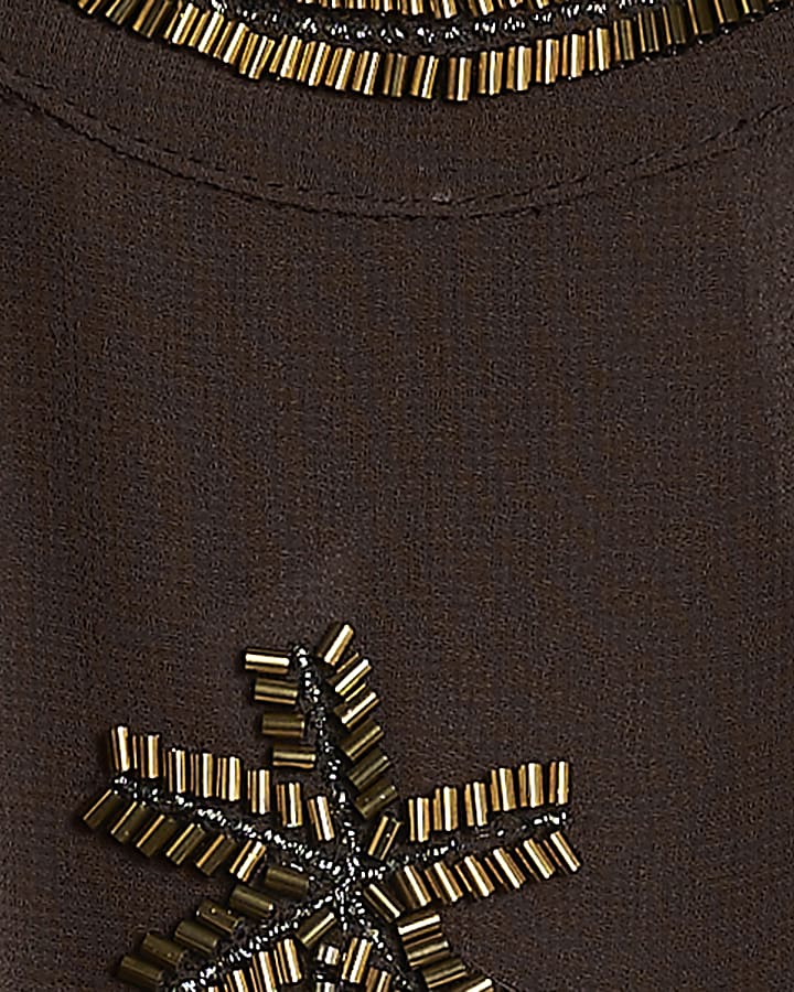 Brown Palm Embellished Motif Mini Dress