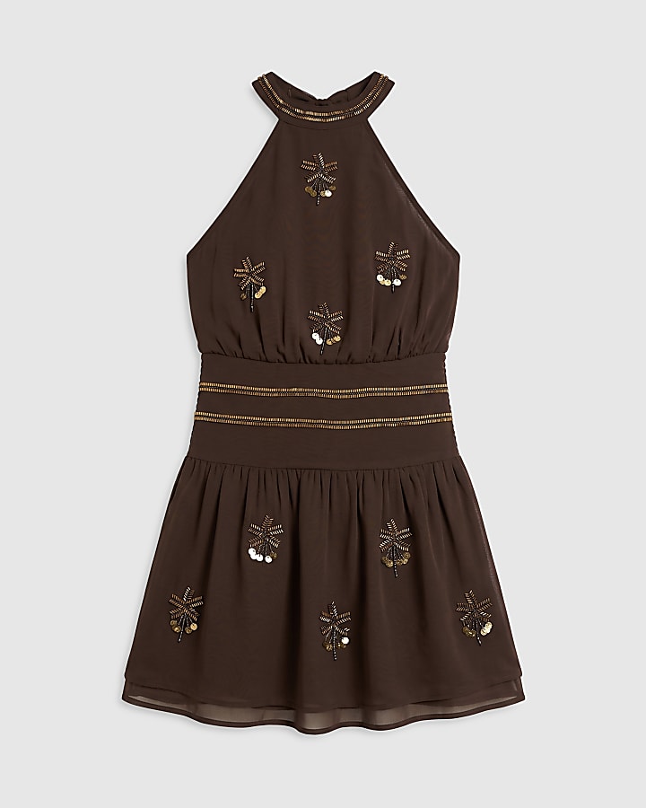 Brown Palm Embellished Motif Mini Dress