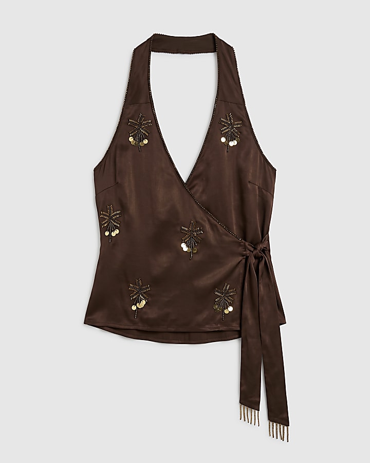 Brown Palm Embellished Motif Halter Neck Top