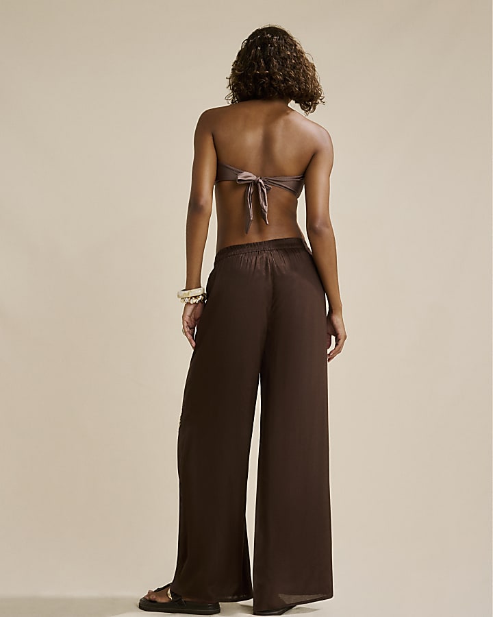 Brown Palm Tree Embellished Motif Trousers