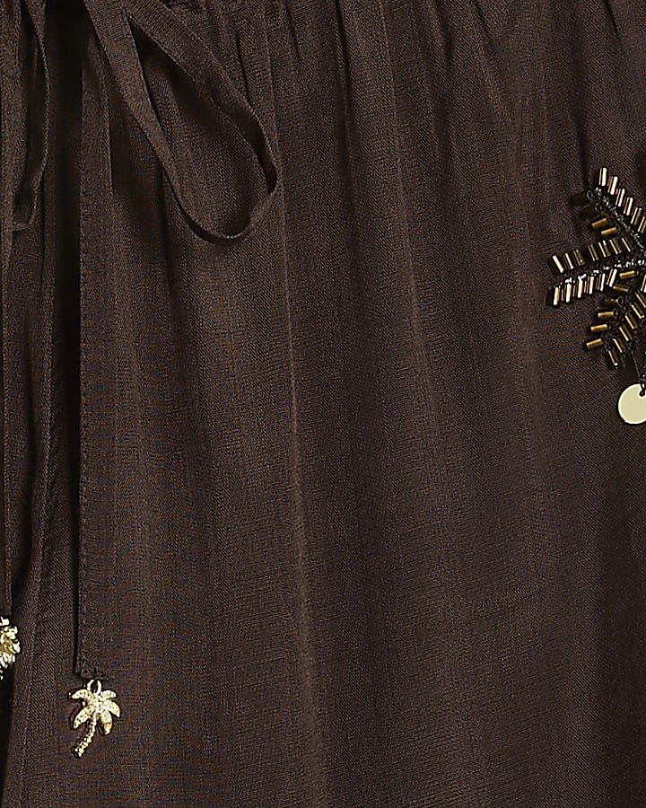 Brown Palm Tree Embellished Beach Trousers