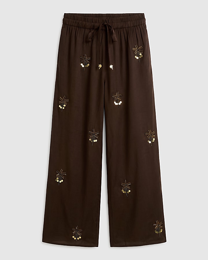 Brown Palm Tree Embellished Beach Trousers