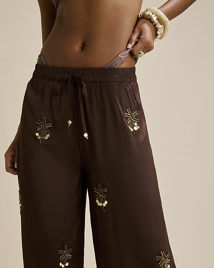 Brown Palm Tree Embellished Motif Trousers